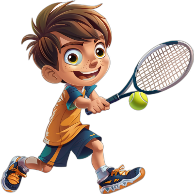 cartoon child playing tennis, vector art illustration, isolated on black background, wearing shorts and t-shirt with shoes, holding racket with ball in hand, brown hair boy, big eyes, happy face, cartoon character design, 2d game asset