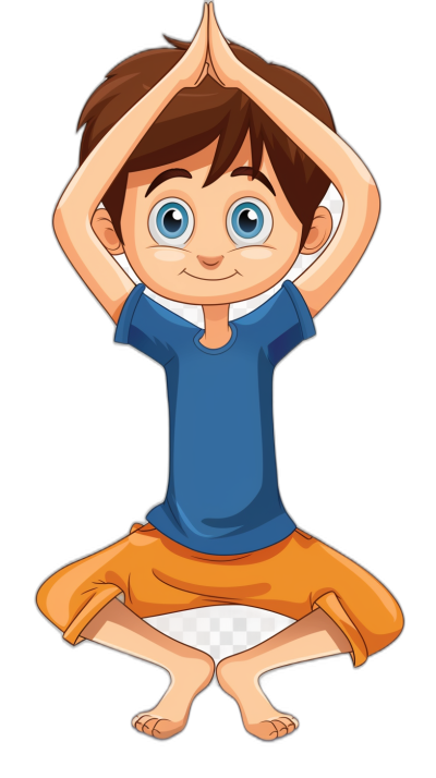 A cartoon boy doing yoga, vector illustration with black background. The little man is wearing blue short sleeves and orange shorts. He has brown hair and big eyes. His hands form the T pose of warrior II posture, while his legs are crossed behind each other to show good air floating feet on both sides. High definition resolution, high quality.