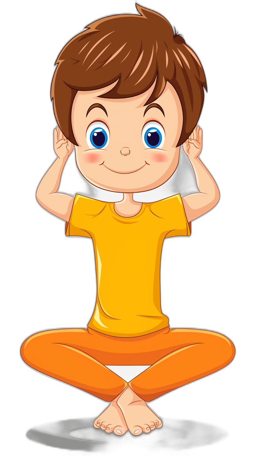 A cartoon boy doing yoga, vector illustration with black background. The little boy is wearing an orange T-shirt and yellow pants. He has blue eyes and brown hair. He’s sitting on the floor in lotus position while holding his hands over his ears. His expression looks happy or smiling. This scene could be used to represent children’s health activities related to muscle relaxation, meditation or self hypnosis, in the style of focus stacking, color animation.