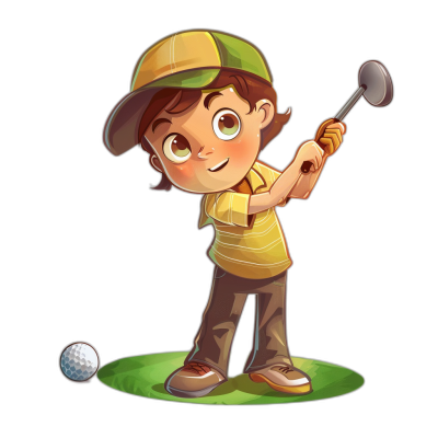 A cute cartoon boy playing golf in the style of clip art on a black background.