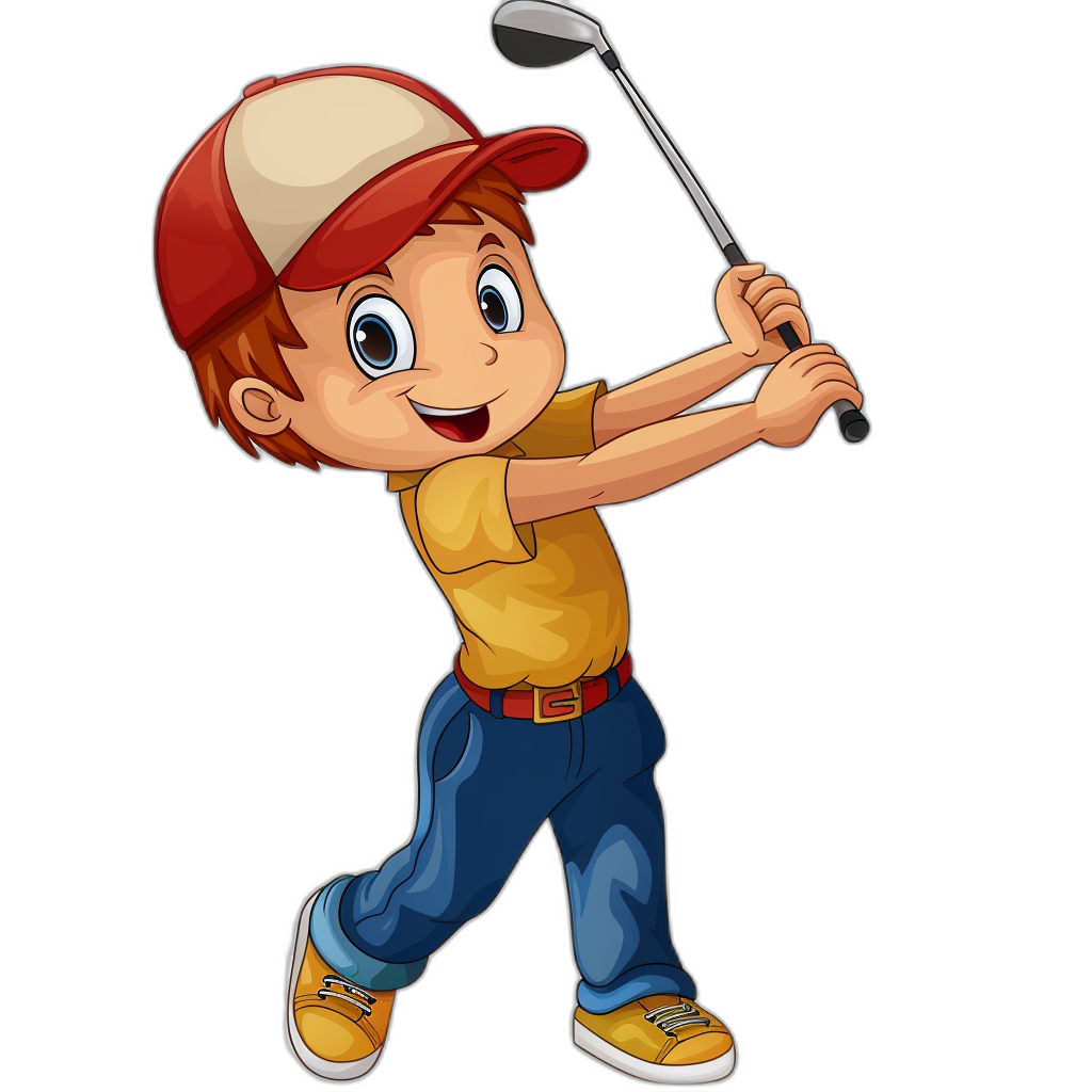 A cute cartoon boy playing golf in the style of clip art on a black background.