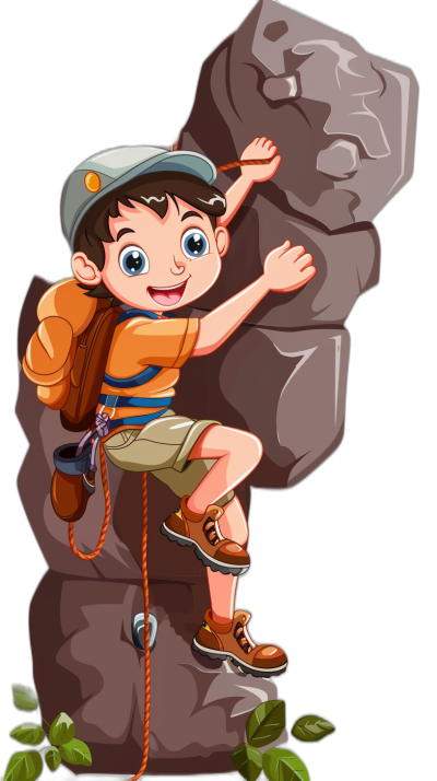 boy climbing rock, vector illustration for kid's book in flat design style with black background. The boy is wearing cap and short pants, he has big eyes and smile face. He wear backpack hanging on the wall of cliff. A rope tied to his hand and fastened around rocks. Black isolated background, high resolution, vector graphics