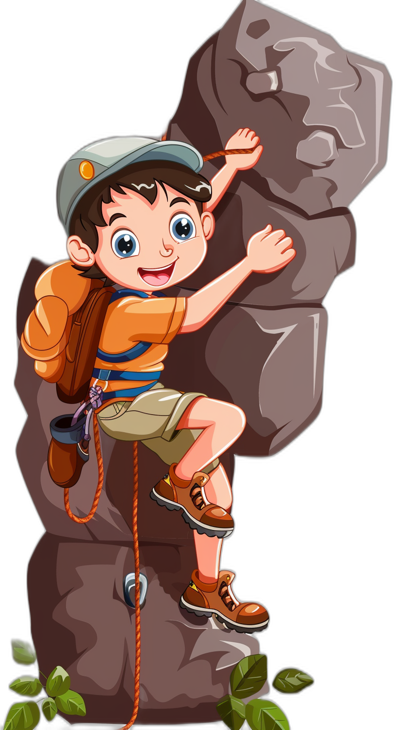 boy climbing rock, vector illustration for kid’s book in flat design style with black background. The boy is wearing cap and short pants, he has big eyes and smile face. He wear backpack hanging on the wall of cliff. A rope tied to his hand and fastened around rocks. Black isolated background, high resolution, vector graphics