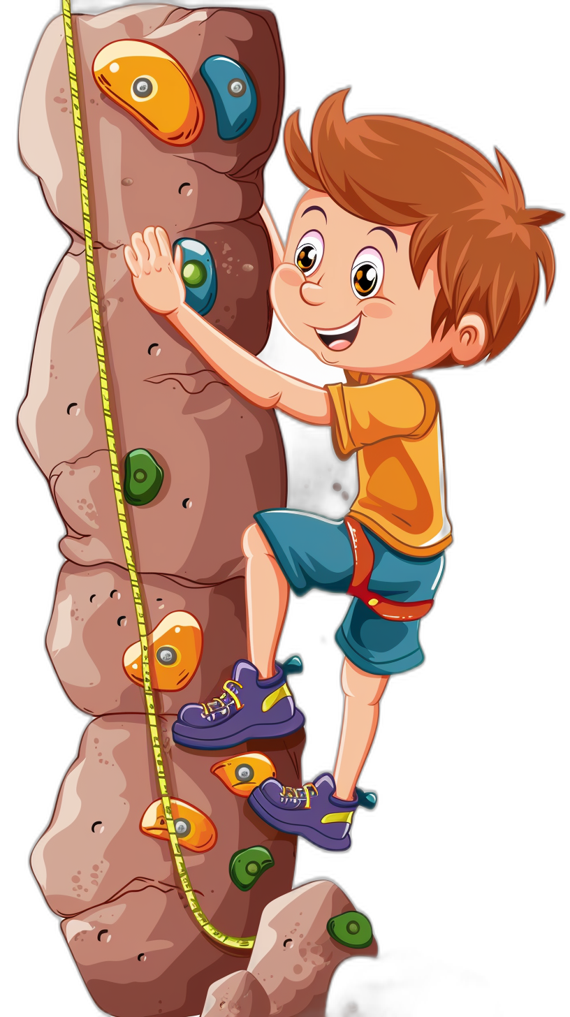 A cartoon boy climbing on the rock wall with vector illustration, colorful  and shoes, simple flat style design, black background, cartoon character, cute face expression, cartoon hand drawing. The brown hair is hanging down from his head, and he wears bright blue eyes. He has big smile and happy mood. His hands holding onto ropes attached to rocks. There were many colored pebbles of different sizes at bottom of boulder.