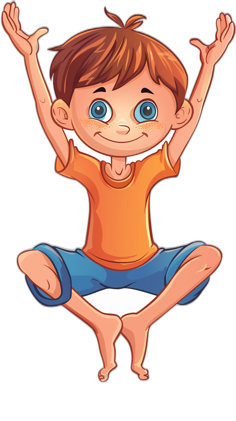 a cute happy cartoon boy doing yoga, clip art style, black background