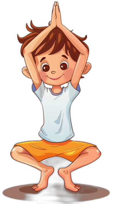 A cute cartoon of a boy doing a yoga pose in the style of clip art on a black background.