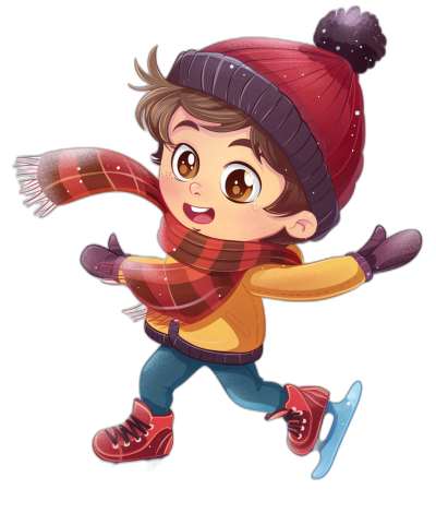 A cute cartoon boy ice skating, wearing red boots and yellow  with dark brown hair and hat, scarf and gloves. Black background. In the style of Chibi.