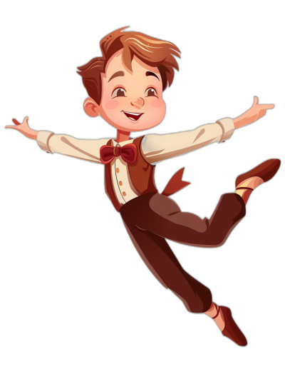 A cute young boy in the style of classic Disney animation characters, wearing brown pants and a white shirt with a red bow tie. He is flying through a mid-air pose, on a black background. The illustration should have vibrant colors and be reminiscent of traditional hand-drawn cartoon artistry.