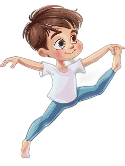 A cute boy with brown hair and blue eyes, wearing a white t-shirt and light-blue leggings is doing ballet on a black background in the style of a cartoon illustration.