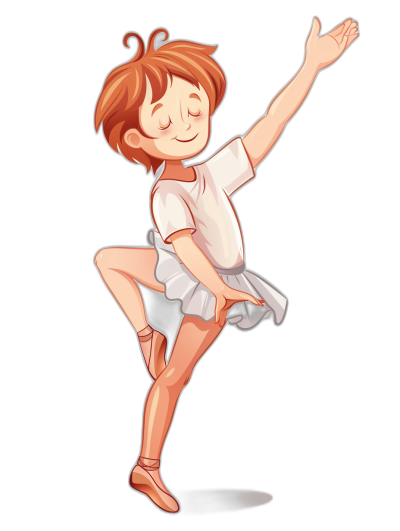 A little girl with short red hair, wearing a white t-shirt and ballet shoes is dancing in the style of cartoon Vector illustration on a black background.