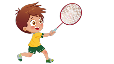 A little boy playing badminton in a cartoon style on a simple black background, looking cute and adorable. The character is wearing green shorts with a yellow t-shirt, holding the racket in his hand ready to hit the ball. He has brown hair and big eyes. There is no text or other elements on the screen, just pure white space around him for easy design and animation. This scene captures his joyful expression while enjoying one of his favorite sports activities. Pixar style.