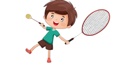 A cute little boy playing badminton, cartoon style vector illustration with black background. The character is smiling and holding the racket in his hand. He has brown hair and wears green short sleeves. Black shoes on feet. A red net hangs behind him. It's a simple yet charming depiction of sports activities. This design can be used for graphic designs or as an avatar for online platforms.,,in