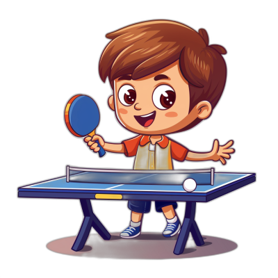 cartoon kid playing table tennis, vector illustration for t-shirt design, solid black background, high resolution, clear colors, cute style, fun and energetic mood, high quality. The illustration is in the style of a cartoon and depicts a kid playing table tennis on a solid black background. The vector image has clear colors, a cute style, and conveys a fun and energetic mood, suitable for a t-shirt design. The quality of the image is high resolution.