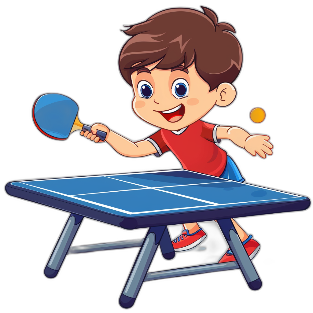 cartoon style illustration of boy playing table tennis, cartoon vector illustration with black background, vector art, table and blue color