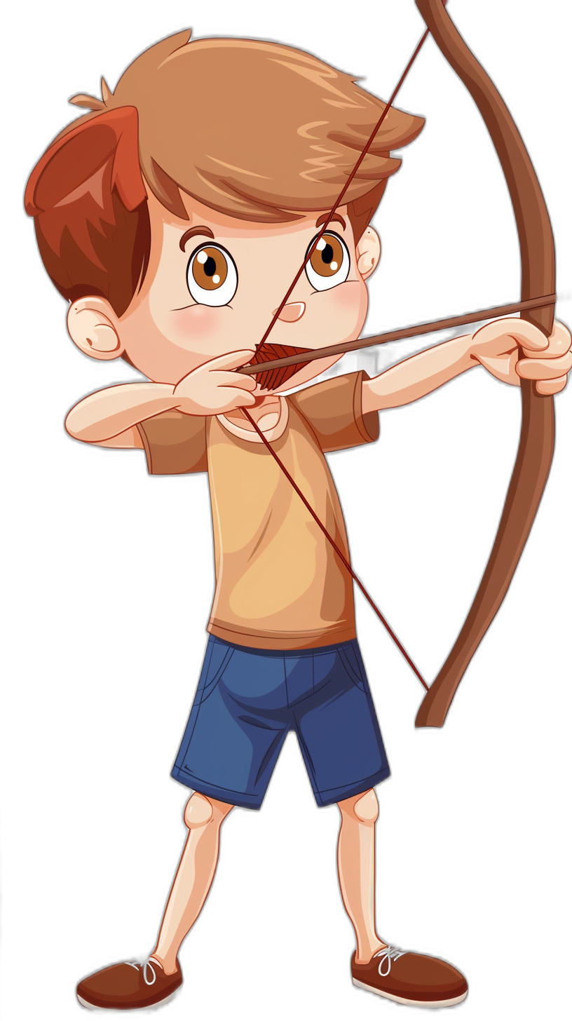 Cute cartoon style boy with brown hair and blue shorts, shooting a bow and arrow in the style of vector illustration on a black background, full body shot, simple design with simple colors, high resolution image with no shading details.