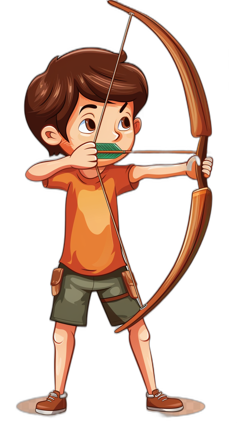 a cartoon boy shooting an arrow, wearing brown shirt and green shorts with bow on his back , vector illustration for kids book, flat design, full body shot, black background, full of details