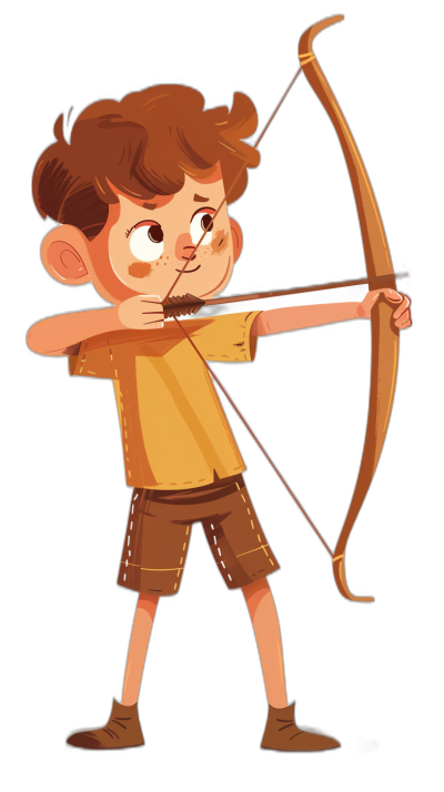 a cartoon character boy with brown hair and short , holding an arrow in his hand while archery , vector illustration for kids book by pixar style on black background