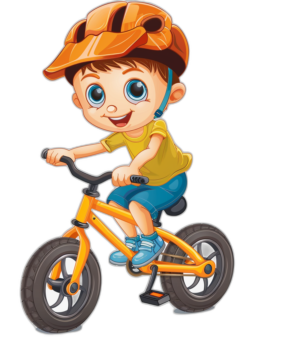 A cute cartoon boy is riding his bike with helmet on, vector illustration style, simple flat color blocks, no shadowing, black background, bright colors, high resolution, cute and friendly expression, wearing blue shorts and yellow shirt, yellow bicycle with orange wheels, big eyes.,,in