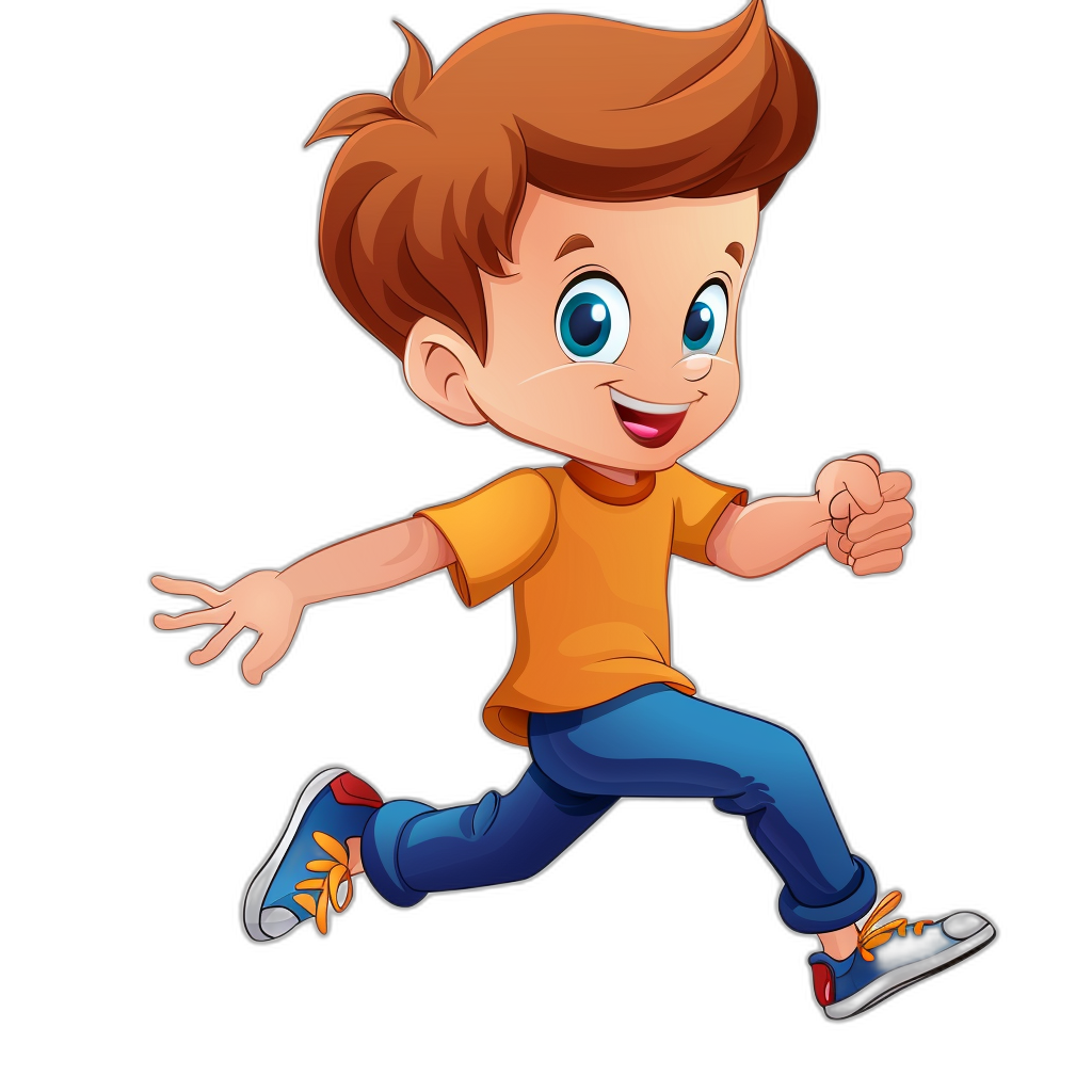 A cartoon boy is running in a vector illustration style with flat colors and a black background. The character has short brown hair, blue eyes, an orange t-shirt, dark jeans and sneakers. He’s smiling brightly while moving forward at a high speed. This design could be used for various applications where the child needs to run or move in an animated setting. Vector Illustration on a Black Background. Isolated. No Shadow.