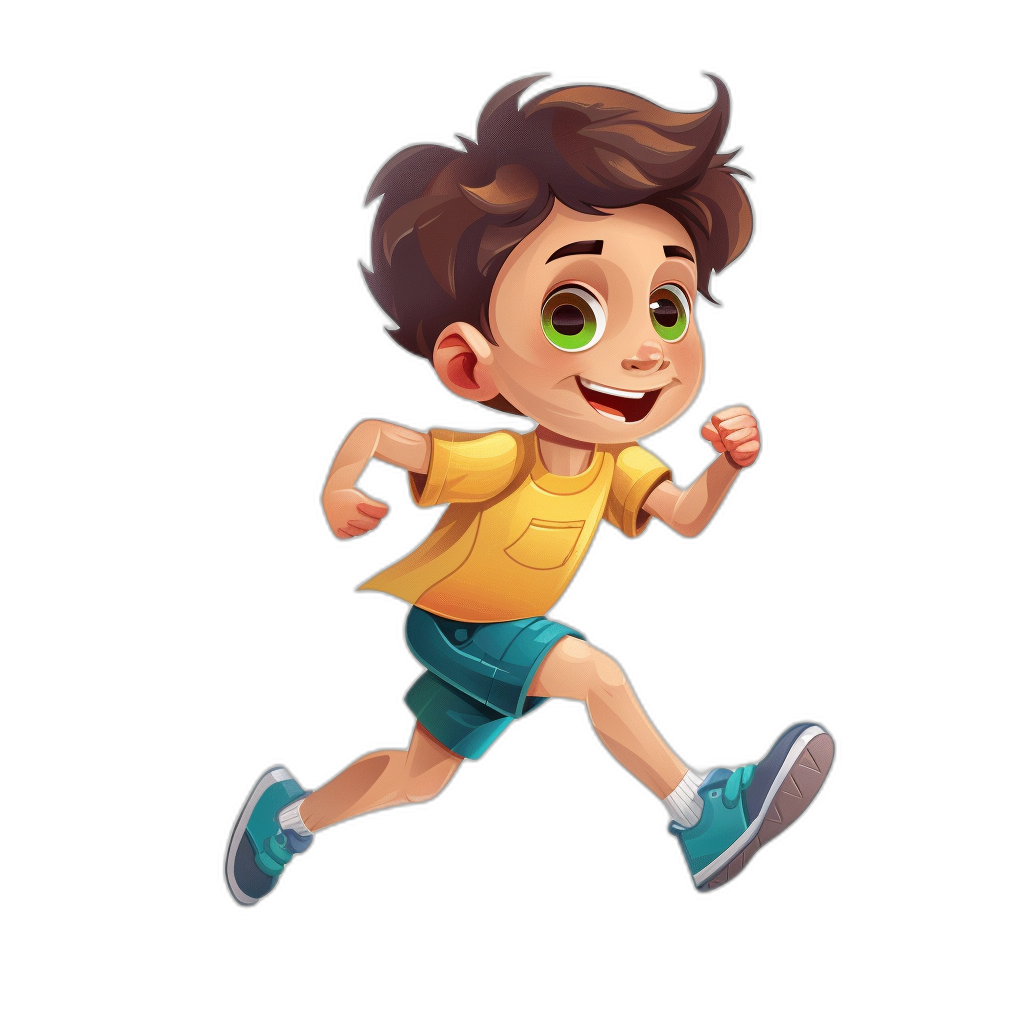 A cute cartoon boy is running in the style of a game avatar icon on a black background with a flat illustration style using bright colors in a full body portrait with high definition details rendered with octane in high resolution.