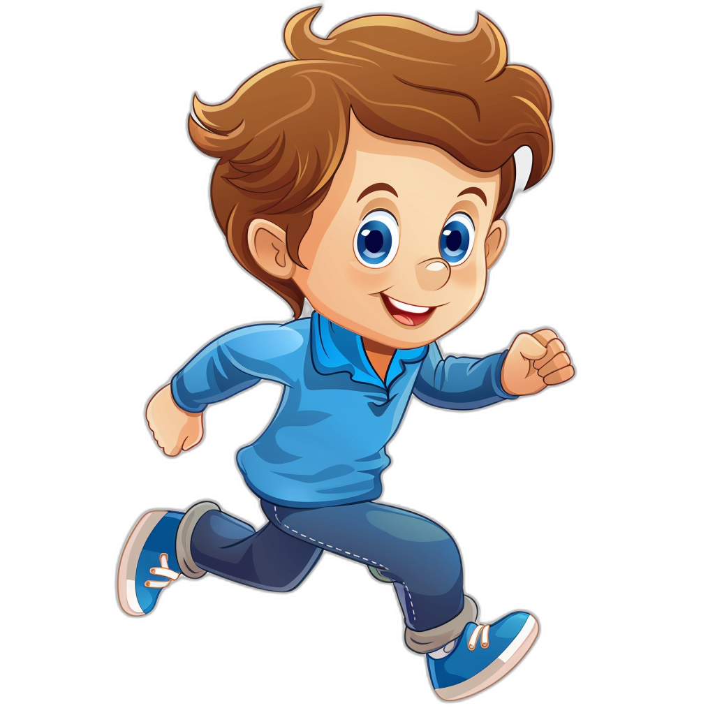 A cartoon boy with brown hair, blue eyes and dark jeans is running while smiling, vector style, clip art for stickers, black background, high quality