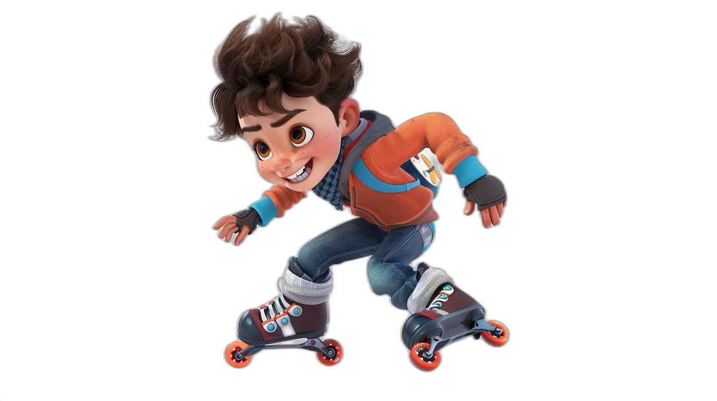 A young boy with brown hair, wearing rollerblades and an orange jacket, in the style of Pixar as a cartoon character, on a black background, as a 3D render.