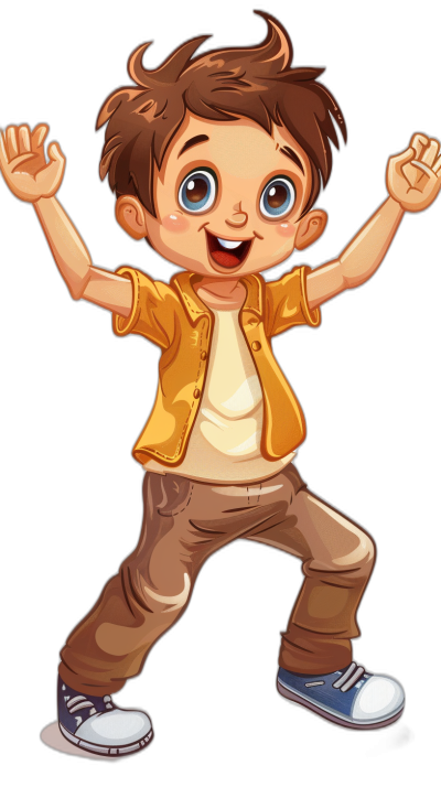 cartoon illustration of happy brown haired boy, dancing with hands in the air, full body, on black background, wearing yellow shirt and white tshirt under it, dark blue shoes, cartoon style, brown pants, cute eyes, smiling mouth