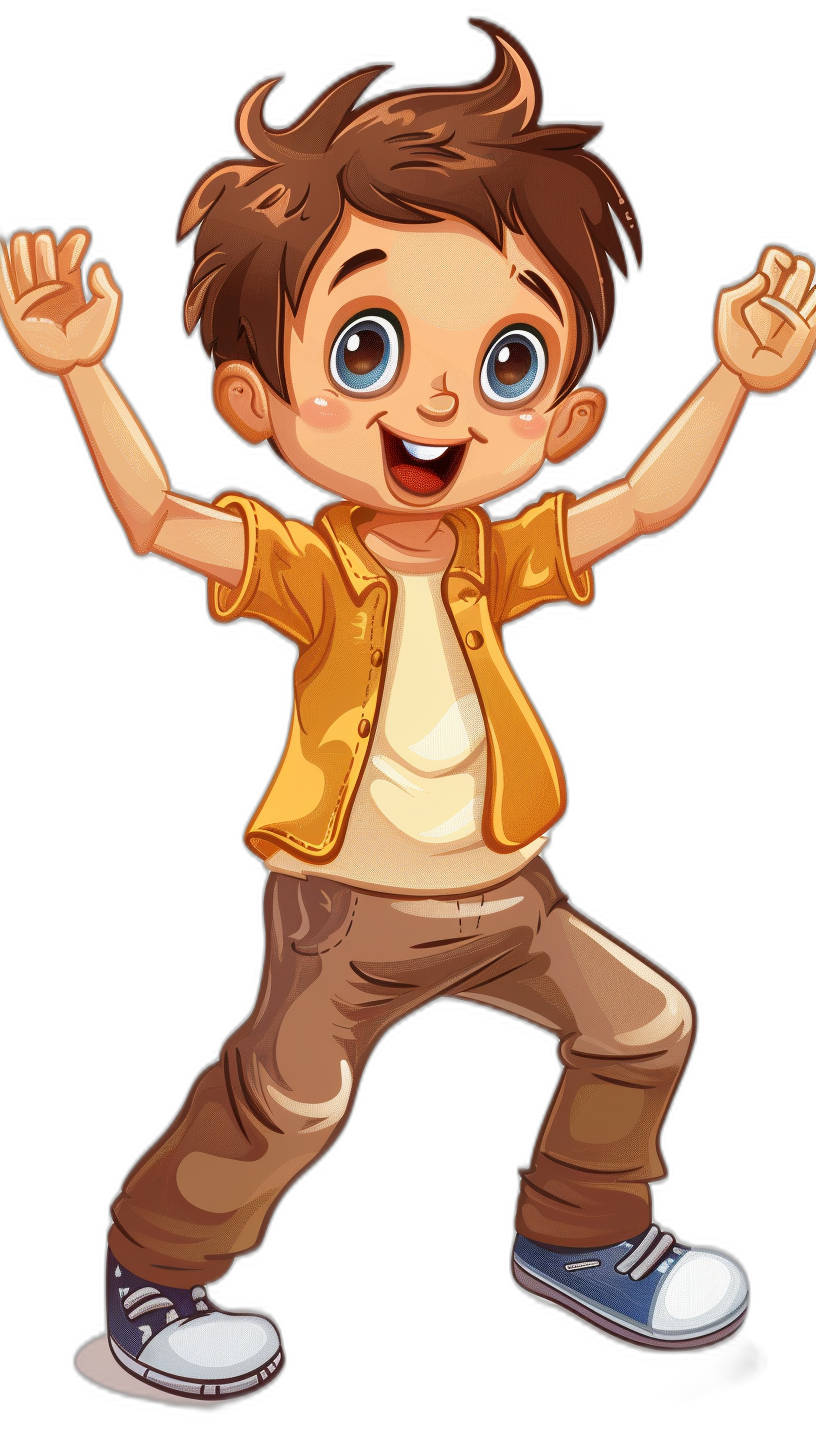 cartoon illustration of happy brown haired boy, dancing with hands in the air, full body, on black background, wearing yellow shirt and white tshirt under it, dark blue shoes, cartoon style, brown pants, cute eyes, smiling mouth