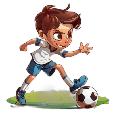 Cartoon style, cute little boy playing soccer with brown hair and blue shorts, black background, game avatar design, character illustration