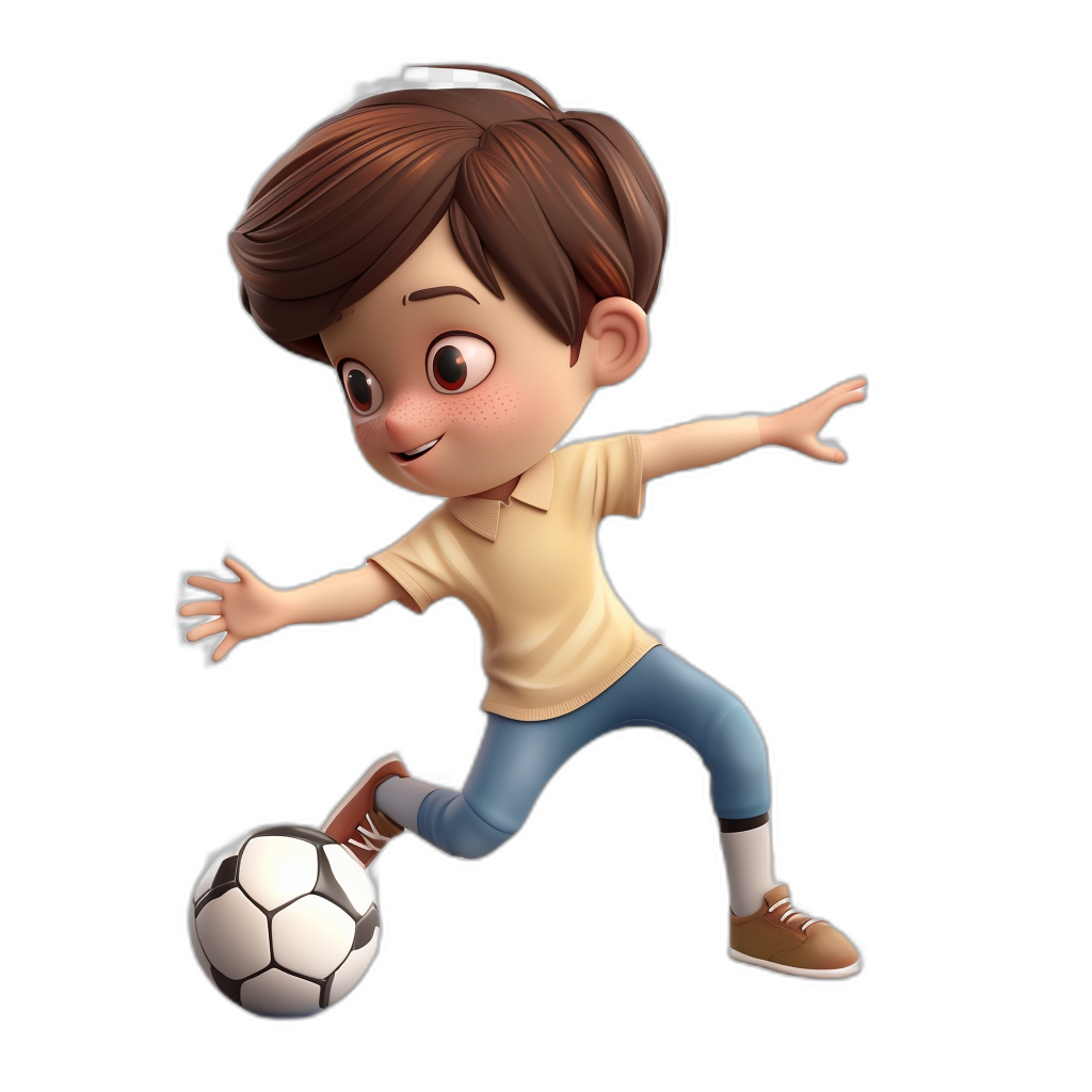 A cute boy playing football, full body shot, Pixar style cartoon character, Disney style cartoon scene, black background, cute and adorable, wearing short sleeves, pants and shoes, with brown hair, holding the ball in his hand and kicking it.,in