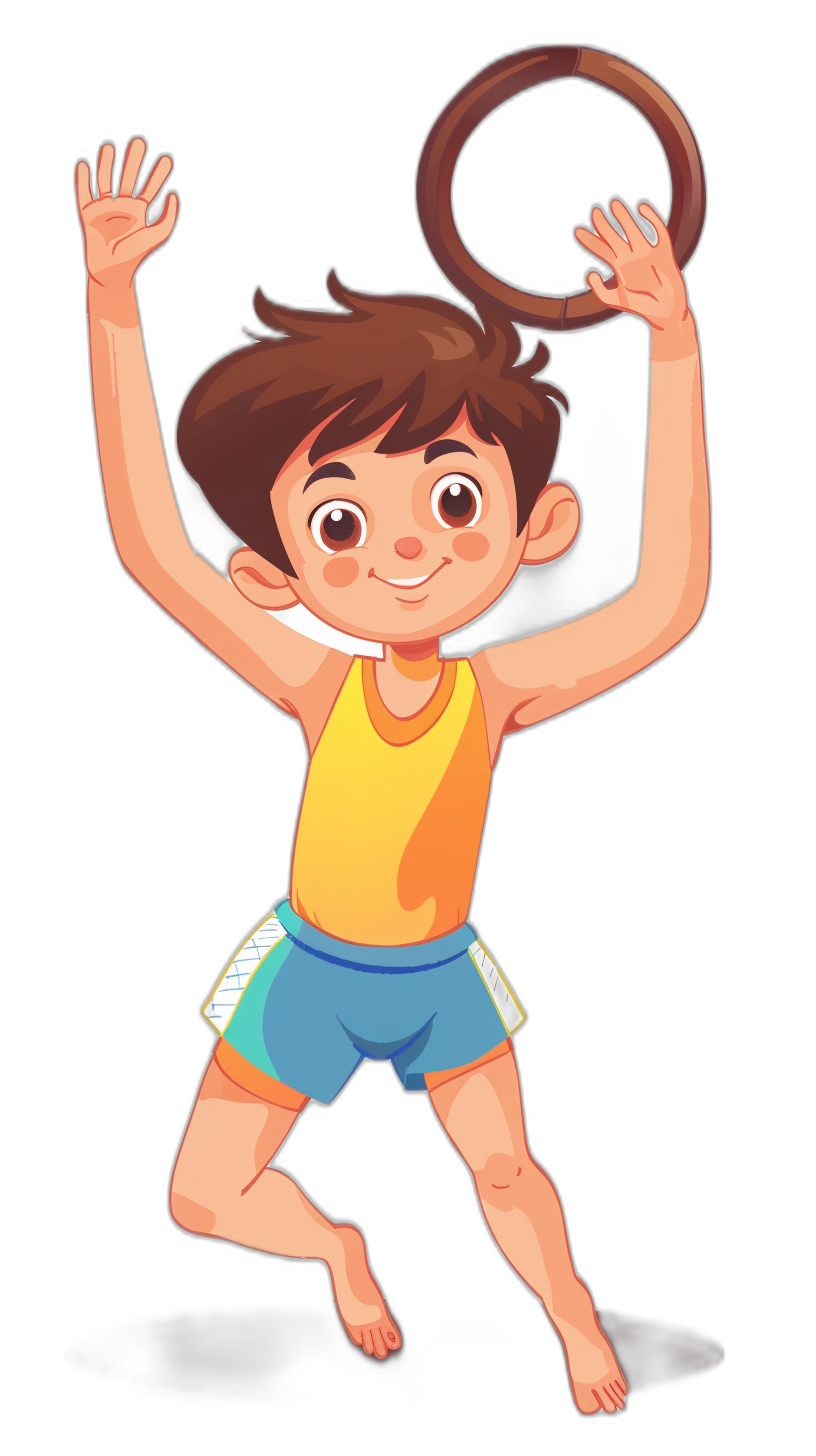 A cute cartoon illustration of a boy with brown hair, wearing a yellow tank top and blue shorts doing gymnastics ring animation on a black background. He is smiling and happy while holding his hands above his head in a joyful pose. The illustration focuses on vibrant colors, playful character designs, and creating a joyful atmosphere.