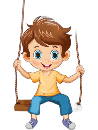 a cute happy cartoon boy sitting on the swing, vector illustration with black background, high resolution, professional photograph, super detailed