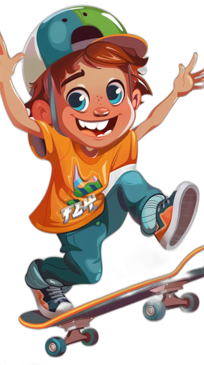 An animated cartoon of a boy with brown hair and blue eyes wearing an orange shirt, a green baseball cap and white sneakers jumping on a skateboard with a black background in the style of Disney Pixar Dreamworks. The cartoon is in a cute illustration style for a kids book. It is a full color illustration with a solid dark gray background at a high resolution.