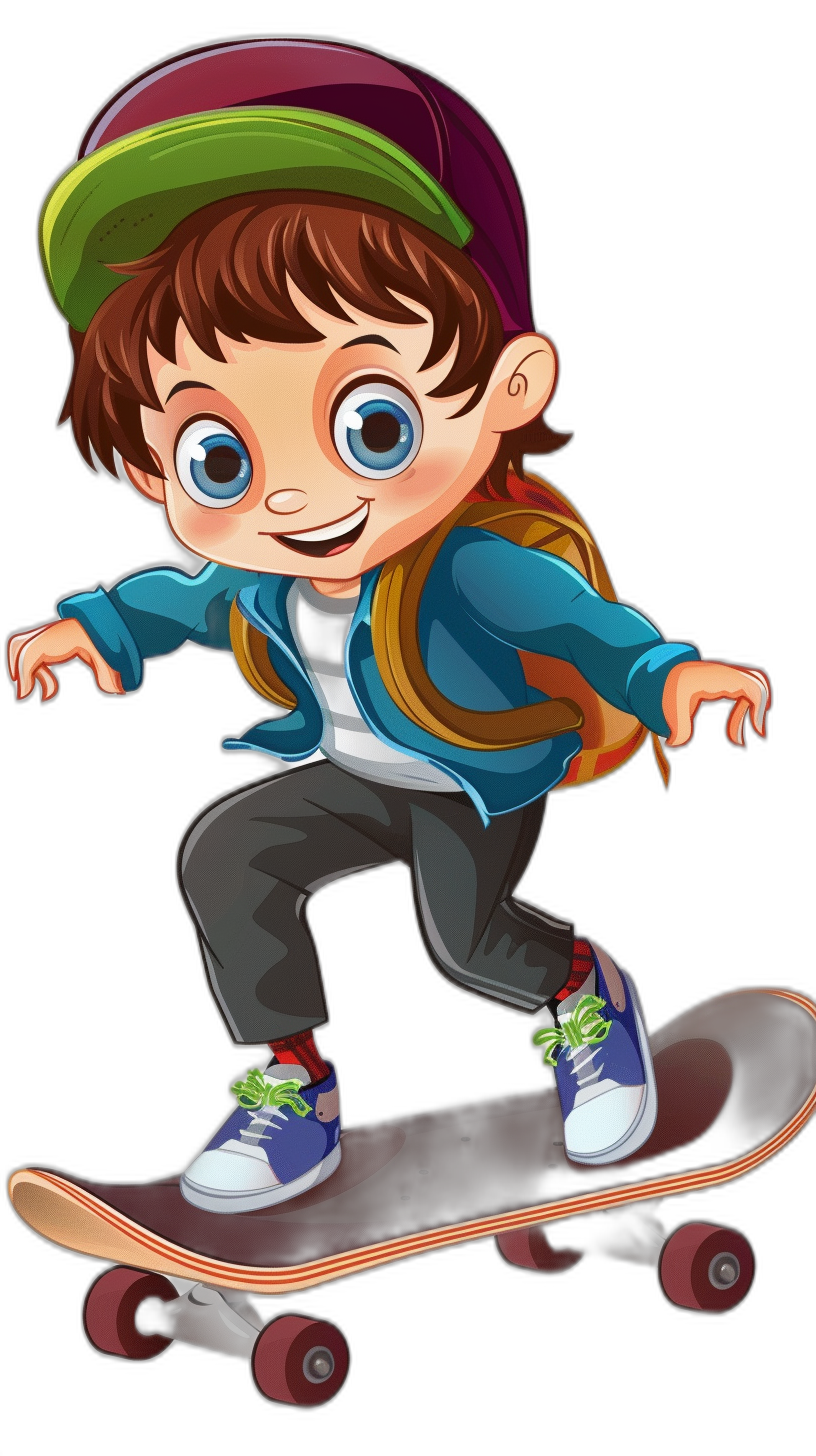 A cartoon boy with brown hair, blue eyes and a dark green cap is riding a skateboard. The vector illustration depicts the boy in full body portrait with colorful  against a black background. The cartoon character is smiling while wearing sneakers, a backpack and cap. The style is high resolution, high detail, high quality, high sharpness, high clarity, high vibrance, high saturation, high contrast, high exposure and high dynamic range. The high angle view shows the boy in the style of a flat design.