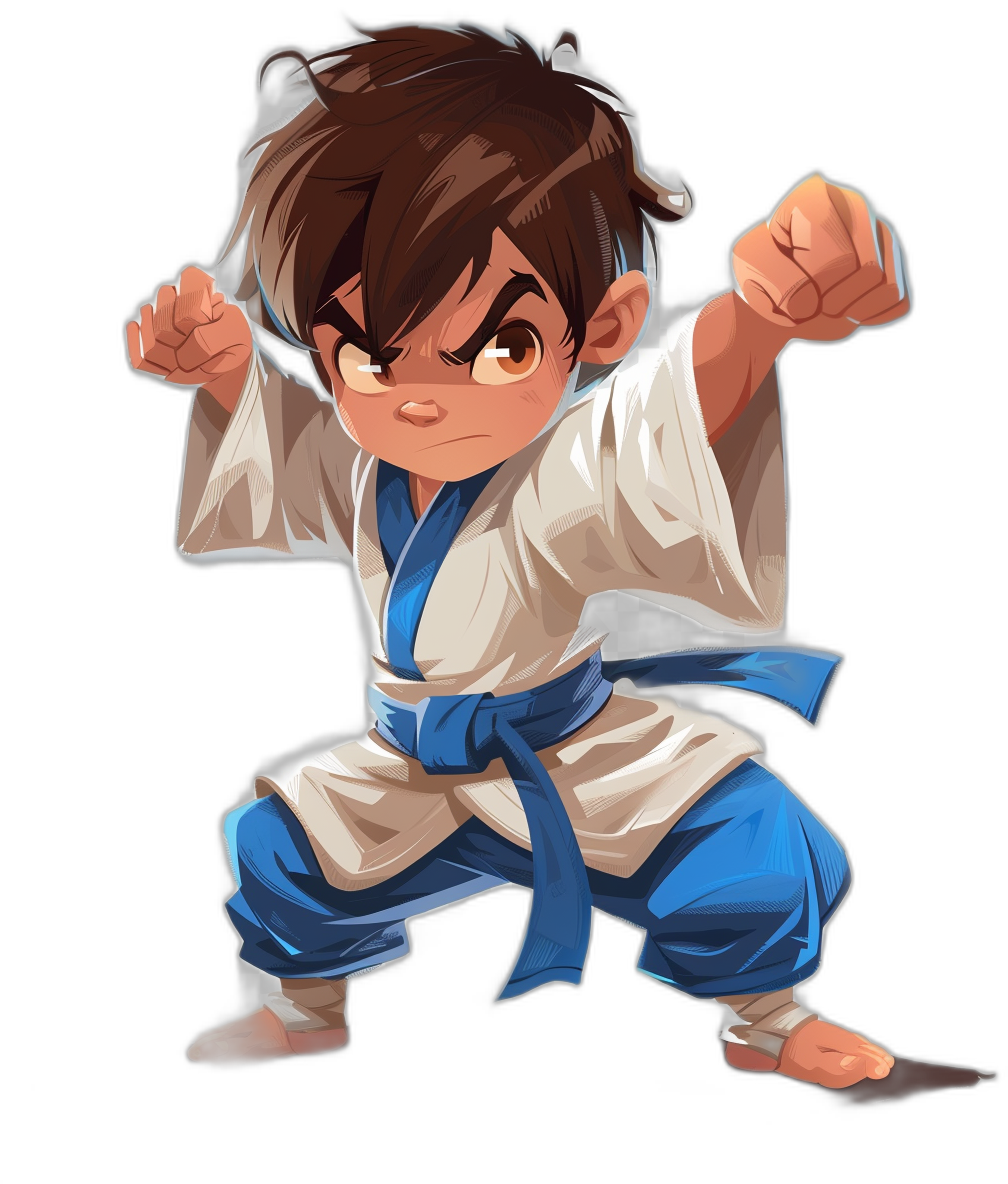 cartoon character of a young boy with brown hair in a karate outfit doing karate, in the style of chibi, with white and blue , on a black background, as a full body shot, in the style of 2d game art