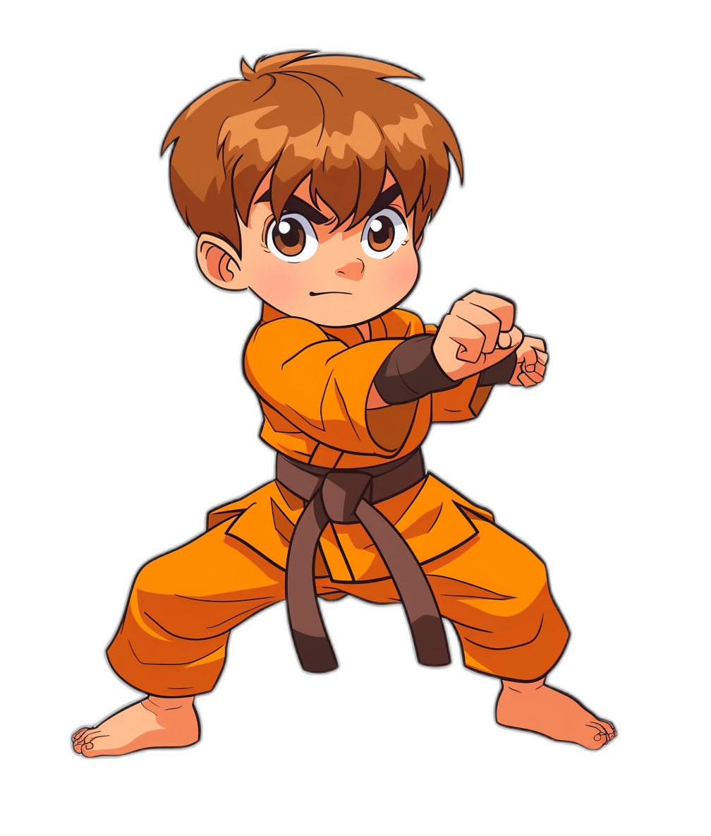 cartoon style, chibi anime boy in a karate outfit doing a kung fu kick on a black background, with brown hair and big eyes wearing orange .