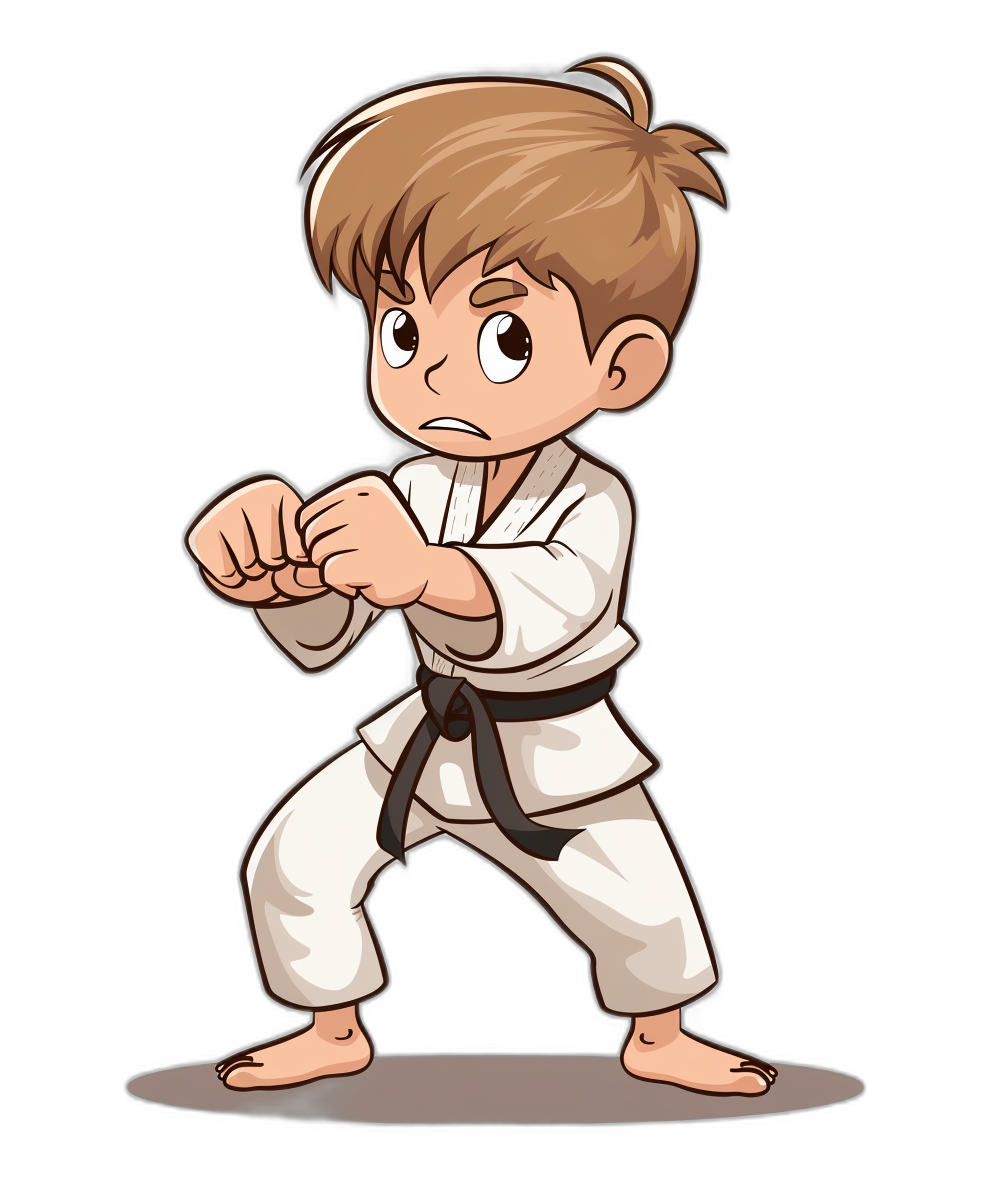 A young boy with brown hair in a karate outfit striking a fighting pose in the style of a cartoon vector illustration on a black background.