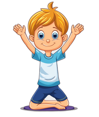 A cute cartoon blonde boy doing yoga in the style of vector illustration for a t-shirt design with a black background, blue shirt and dark shorts, hands up in the air.