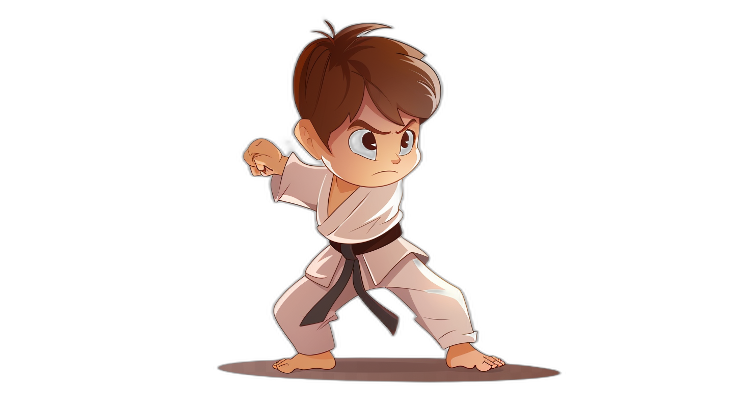 Chibi style cartoon drawing of a karate boy on a black background doing a full body shot. He is wearing a white outfit with dark brown hair and blue eyes in a fighting stance ready to fight. The drawing is in the style of karate boy.