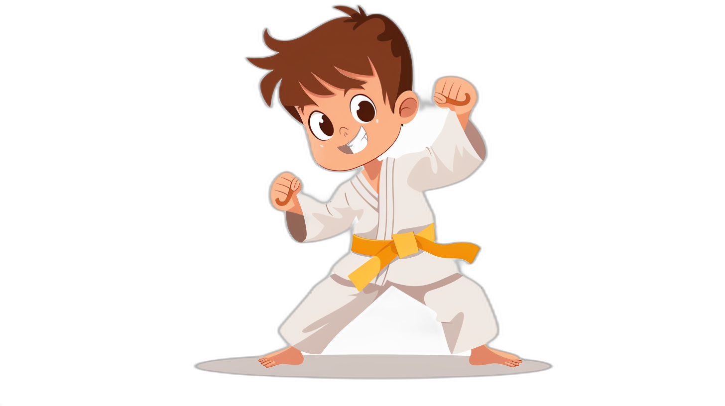 Cute cartoon character of karate boy doing k divert, simple flat illustration, vector graphic on black background, no shadows, 2d art style, simple design with white outline and border, cute kid brown hair in ponytail wearing white jiu-jitsu gi outfit, yellow belt, simple art style, simple details, simple lines, simple shapes, simple shading, simple colors, vector graphics, flat design, flat color blocks, minimalistic design, low detail, no textures, no shading, no gradients, no shadows, no highlights