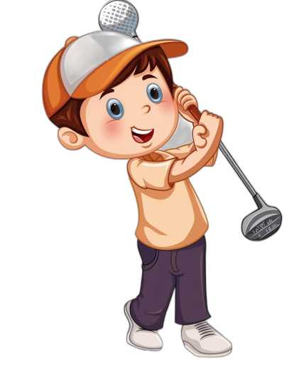 A cute cartoon boy playing golf in the style of clip art, in the style of isolated on a black background.