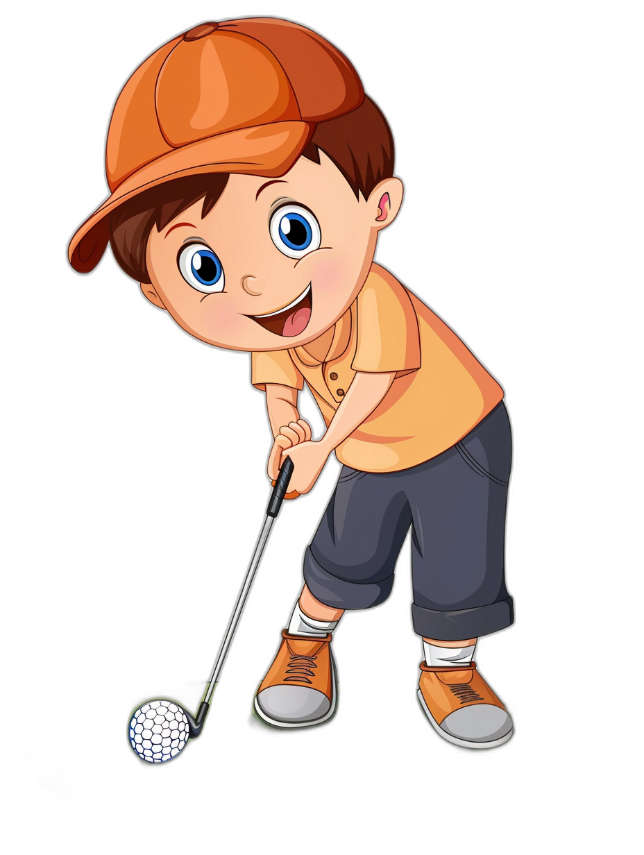 boy playing golf, clip art cartoon style isolated on black background no shadow , high resolution photo