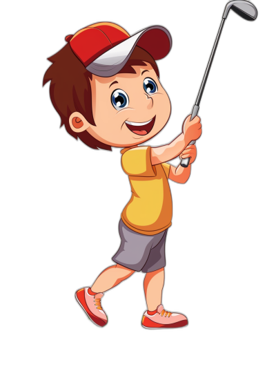 A cute happy young boy playing golf in the style of clip art style cartoon illustration on a black background.