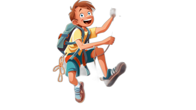 A cartoon boy in summer , wearing shorts and a backpack jumping up happily with a black background, in a high resolution style.