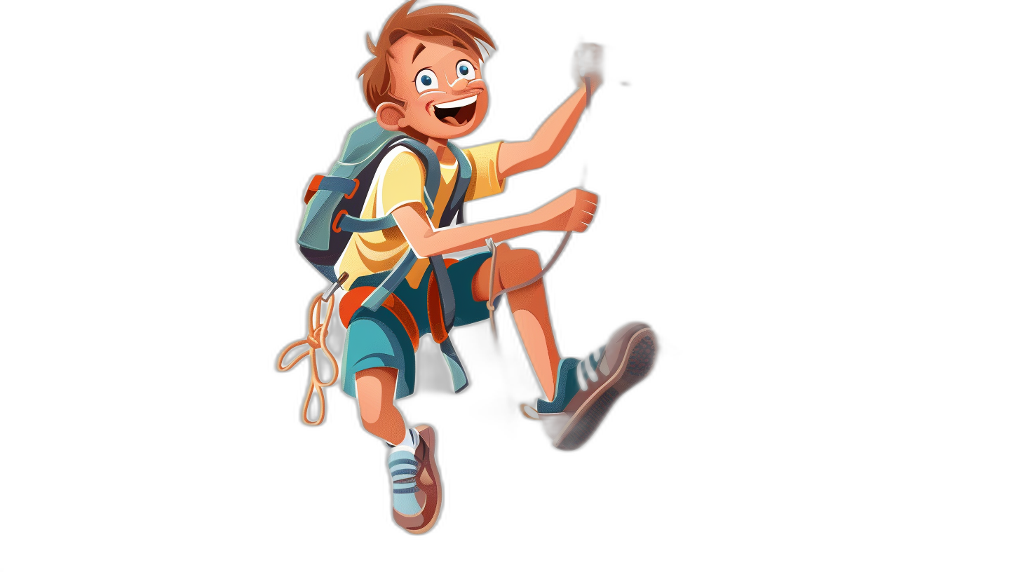 A cartoon boy in summer , wearing shorts and a backpack jumping up happily with a black background, in a high resolution style.