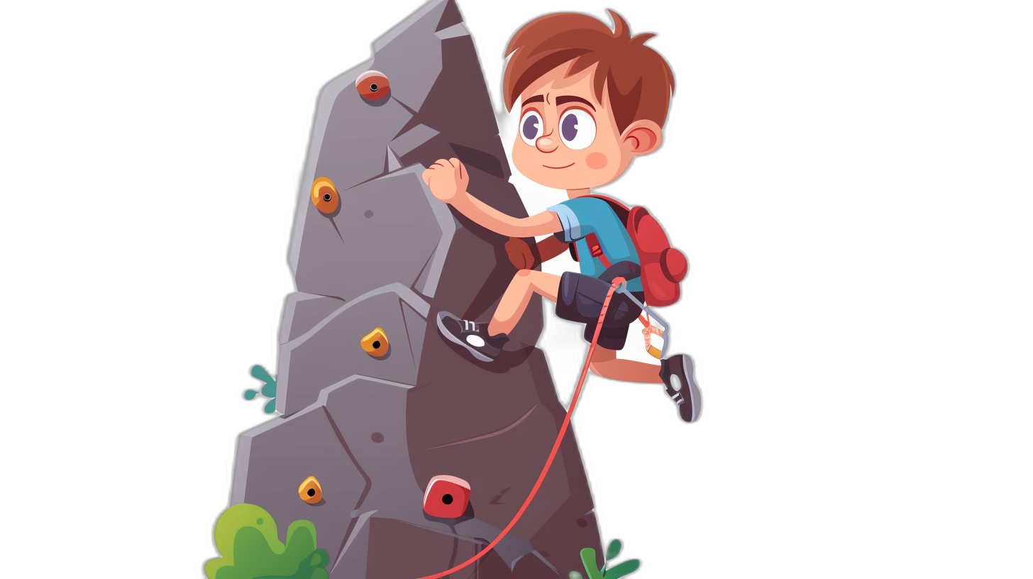 cartoon vector style landscape view of a happy boy climbing a rock wall, isolated on a black background, vector illustration in the style of flaticon and dribbble, behance hd