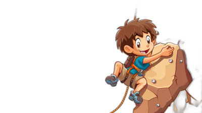 A cute cartoon boy climbing on the rock with brown hair and a blue t-shirt, black background, in the style of Ghibli.