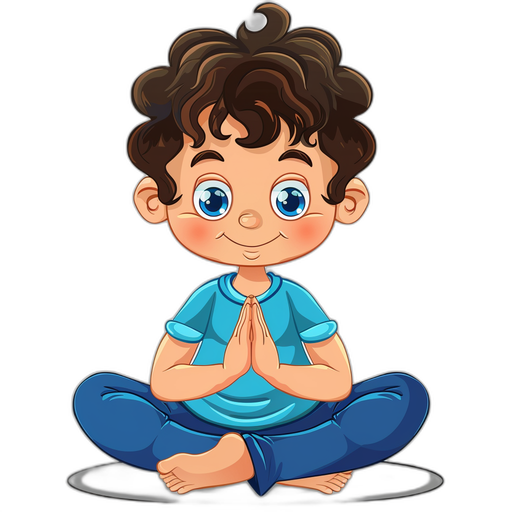 A cute cartoon boy doing yoga in a simple drawing style with a black background, wearing a blue t-shirt and dark pants. The little girl has curly brown hair, big bright eyes, rosy cheeks, and a smiling expression with her hands clasped together in a prayer pose, sitting on the floor cross-legged in a vector illustration style.