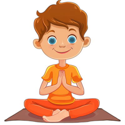 A cartoon boy doing yoga with simple facial expressions against a black background. He is wearing an orange t-shirt with blue eyes and brown hair. The young man has clasped his hands in a prayer pose while sitting on the floor. Vector illustration in the style of children's book illustrations.