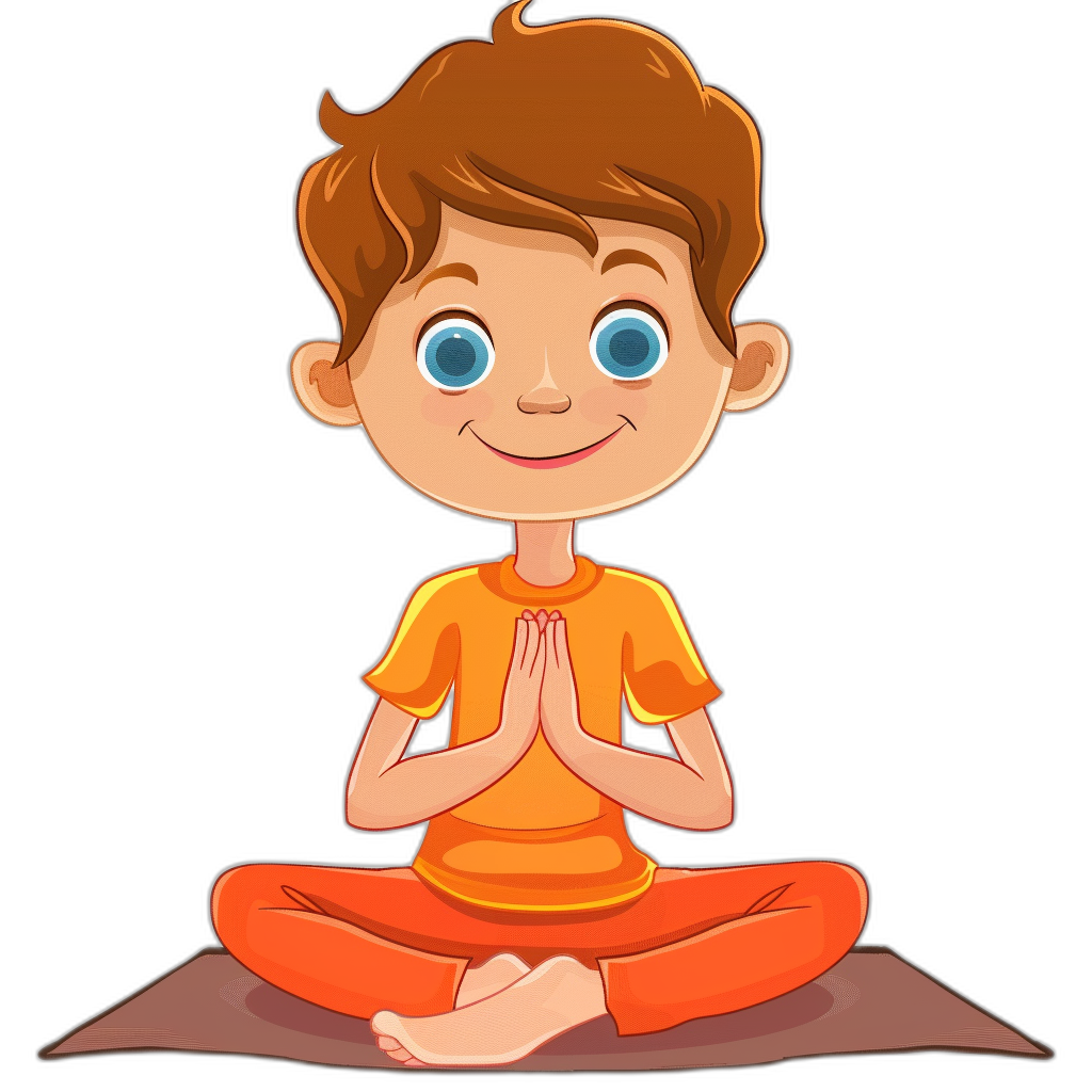 A cartoon boy doing yoga with simple facial expressions against a black background. He is wearing an orange t-shirt with blue eyes and brown hair. The young man has clasped his hands in a prayer pose while sitting on the floor. Vector illustration in the style of children’s book illustrations.